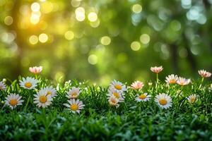 AI generated spring advertisment natural nackground with flowers, bokeh lights and copy space photo