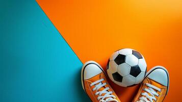 AI generated soccer ball and sneakers on minimalist vivid background with copy space photo