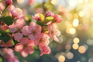 AI generated spring advertisment natural nackground with flowers, bokeh lights and copy space photo