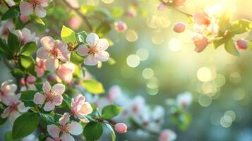 AI generated spring advertisment natural nackground with flowers, bokeh lights and copy space photo
