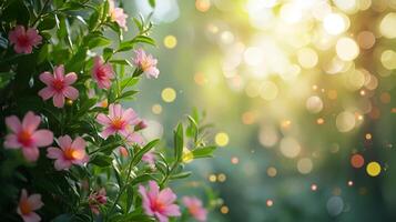 AI generated spring advertisment natural nackground with flowers, bokeh lights and copy space photo