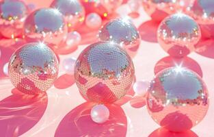 AI generated pink and silver disco balls on a pink surface photo