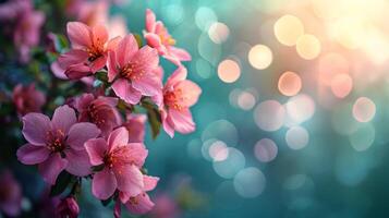 AI generated spring advertisment natural nackground with flowers, bokeh lights and copy space photo