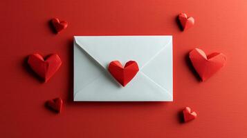 AI generated white envelope with red paper hearts on minimalist vivid background with copy space photo