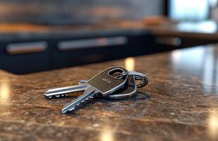 AI generated two keys sitting on a countertop in a house, photo