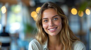 AI generated woman sitting at interview and smiling photo