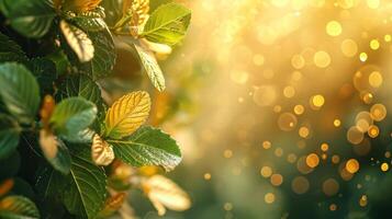 AI generated spring advertisment natural nackground with clower leaves, gold coins, bokeh lights and copy space photo