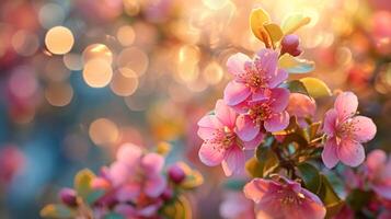 AI generated spring advertisment natural nackground with flowers, bokeh lights and copy space photo