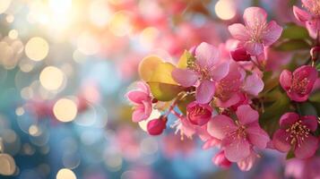 AI generated spring advertisment natural nackground with flowers, bokeh lights and copy space photo