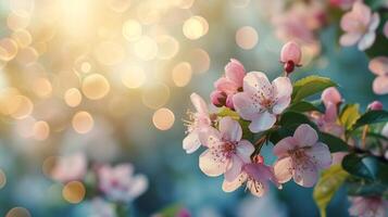 AI generated spring advertisment natural nackground with flowers, bokeh lights and copy space photo