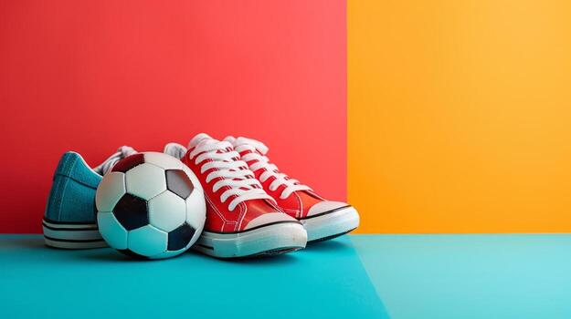 AI generated soccer ball and sneakers on minimalist vivid background with copy space photo