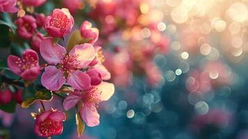 AI generated spring advertisment natural nackground with flowers, bokeh lights and copy space photo