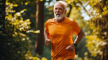 ai generado mayor hombre yendo para un correr en verano parque foto