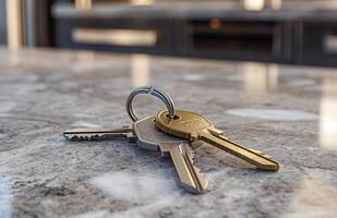 AI generated two keys sitting on a countertop in a house, photo