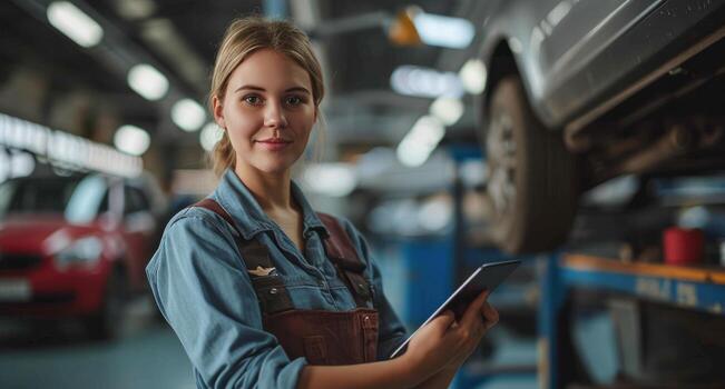 AI generated technician holding a tablet and a car under a garage stand photo