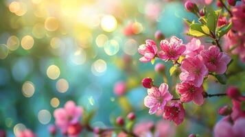 AI generated spring advertisment natural nackground with flowers, bokeh lights and copy space photo