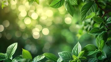 AI generated spring advertisment natural nackground with clower leaves, gold coins, bokeh lights and copy space photo