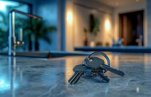 AI generated two keys sitting on a countertop in a house, photo