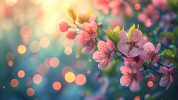 AI generated spring advertisment natural nackground with flowers, bokeh lights and copy space photo