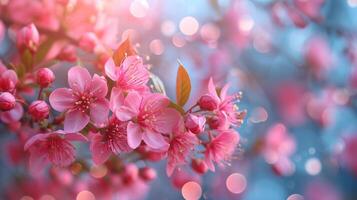 AI generated spring advertisment natural nackground with flowers, bokeh lights and copy space photo
