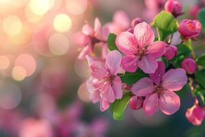 AI generated spring advertisment natural nackground with flowers, bokeh lights and copy space photo