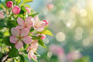 AI generated spring advertisment natural nackground with flowers, bokeh lights and copy space photo