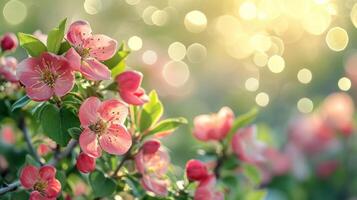 AI generated spring advertisment natural nackground with flowers, bokeh lights and copy space photo