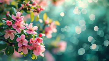 AI generated spring advertisment natural nackground with flowers, bokeh lights and copy space photo