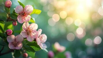 AI generated spring advertisment natural nackground with flowers, bokeh lights and copy space photo
