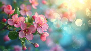 AI generated spring advertisment natural nackground with flowers, bokeh lights and copy space photo