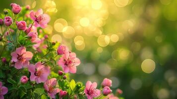 AI generated spring advertisment natural nackground with flowers, bokeh lights and copy space photo