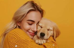 AI generated the woman is hugging her puppy, photo
