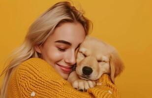 ai generado el mujer es abrazando su cachorro, foto