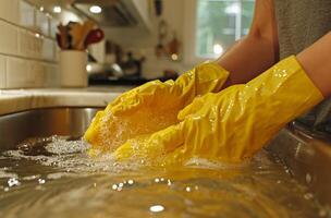 ai generado mujer Lavado arriba con caucho guantes en cocina lavabo líquidos foto