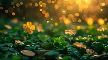 AI generated spring advertisment natural nackground with clower leaves, gold coins, bokeh lights and copy space photo