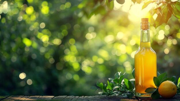 AI generated limoncello bottle on summer blurred bokeh background photo