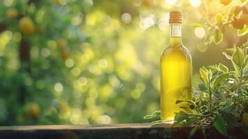 AI generated limoncello bottle on summer blurred bokeh background photo