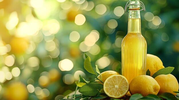 AI generated limoncello bottle on summer blurred bokeh background photo