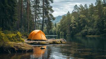 AI generated orange tourist tent stands on the river bank surrounded by a pine forest with copy cpace photo