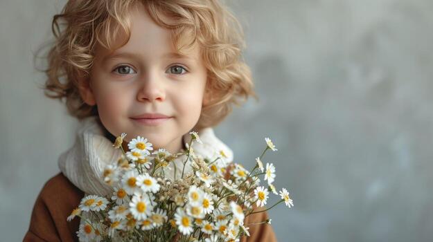 AI generated little boy with flower bouquet on minimalist background with copy space photo