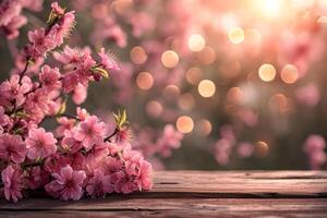 AI generated spring advertisment natural nackground with flowers, bokeh lights and copy space photo
