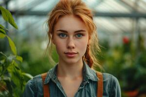 AI generated young female employee in greenhouse photo