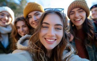 ai generado joven mujer tomando selfie con un grupo de amigos foto