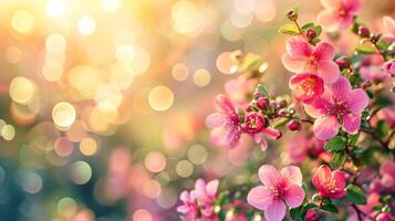 AI generated spring advertisment natural nackground with flowers, bokeh lights and copy space photo
