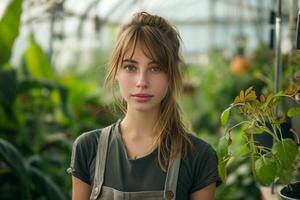 AI generated young female employee in greenhouse photo