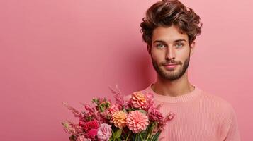 AI generated handsome man with flower bouquet on minimalist background with copy space photo