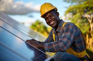 AI generated a solar technician is smiling as he installs a solar panel on the roof of his building photo