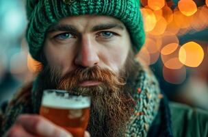 AI generated man drinking beer from st patrick's day sign, photo