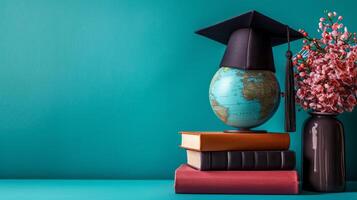 AI generated globe, books and graduation cap on minimalist vivid background with copy space photo