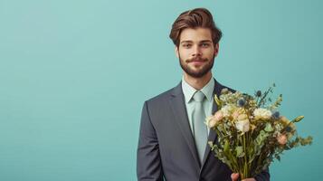 AI generated handsome business man with flower bouquet on minimalist vivid background with copy space photo